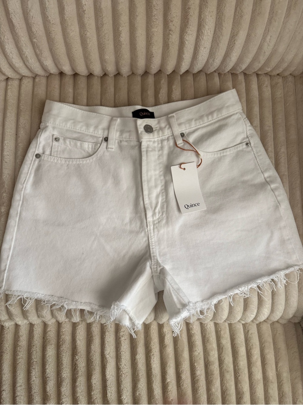 Quince White Denim Frayed Hem High-Rise Shorts